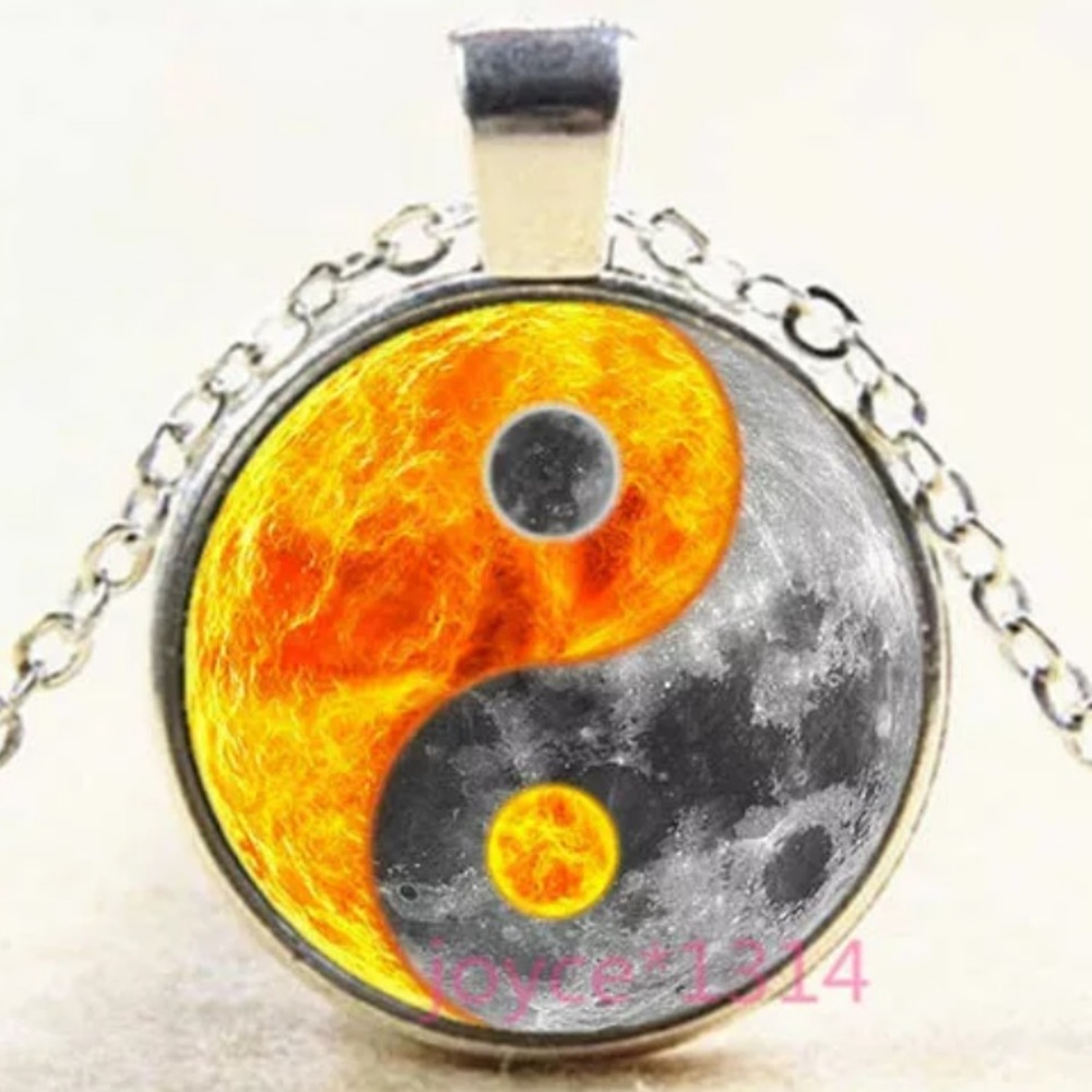 Yin Yang Moon Cabochon Silver Gold Chain Necklace